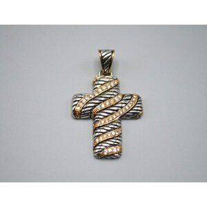 Sterling Silver Cross Pendant w Gold Tone Crystal Wrap Accent 925 ATR 9.66g 2"